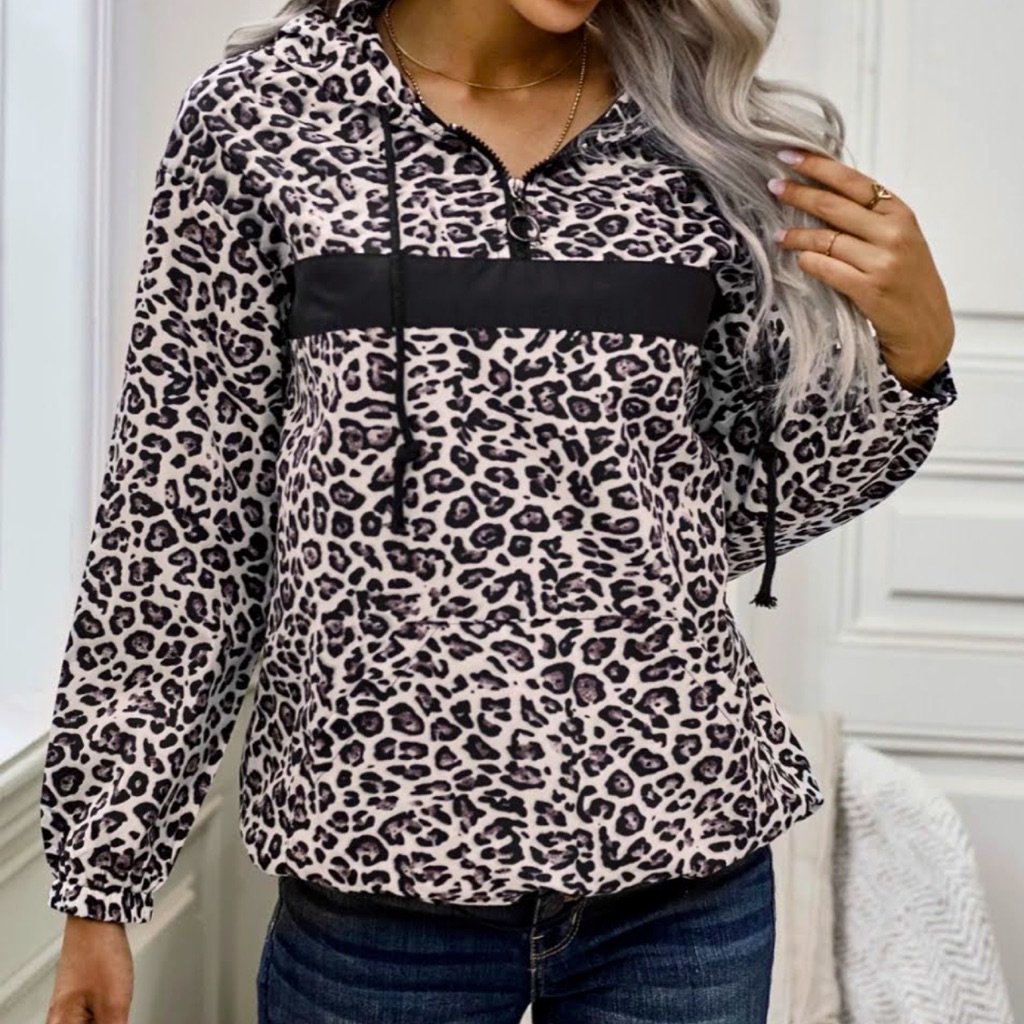 Leopard Print Pullover Half Zip Jacket